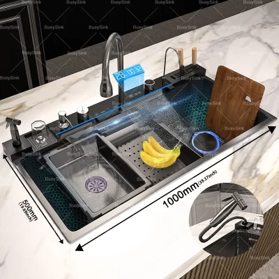 Pia de cozinha de aço inoxidável com cascata extra grande tigela única display digital pias de lavar louça multifuncionais