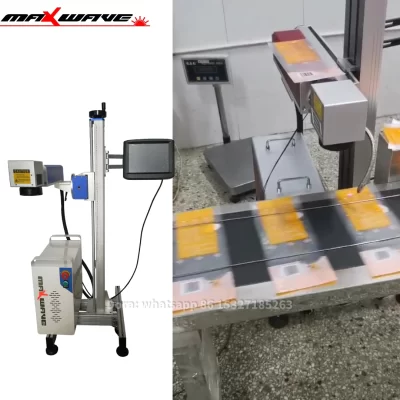 Maxwave voando máquina de marcação a laser fibra laser co2 uv foco automático para sacos plásticos garrafa água vidro gravura tubulação