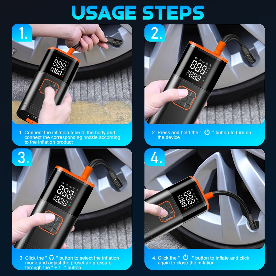 Digital Display Portable Tire Inzzator, USB Rechargeable Air Compressor for Car Bike Motorcycle Tires, Balls, Inflatable Toys - Image 5