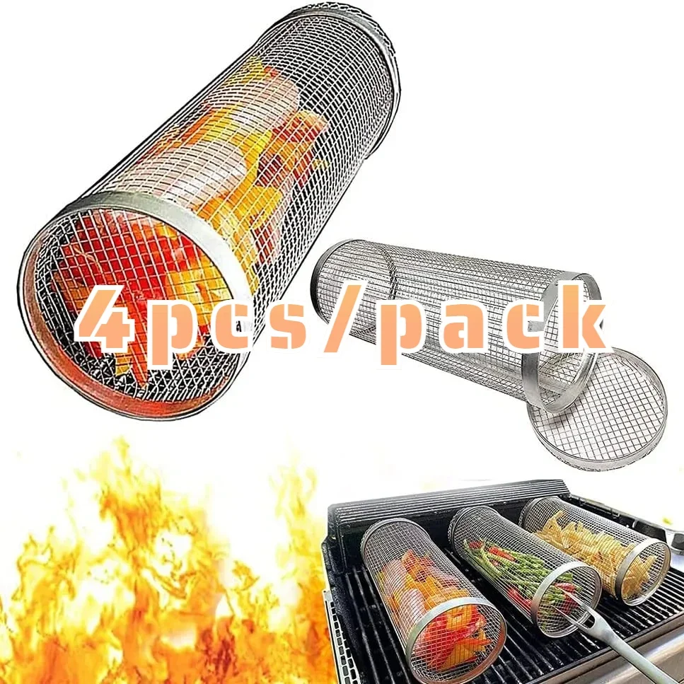Rolamento grelhar cesta de churrasco de aço inoxidável à prova de vazamento malha rack de churrasco ao ar livre piquenique acampamento simples cilíndrico churrasqueira - Image 2