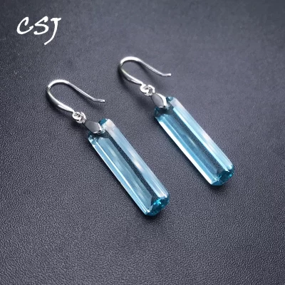 CSJ-925 Brincos de Prata Esterlina para Mulheres, Água-marinha, Topázio, Quartzo, Pedras Preciosas, Elegante, Joias, Aniversário, 9x23mm