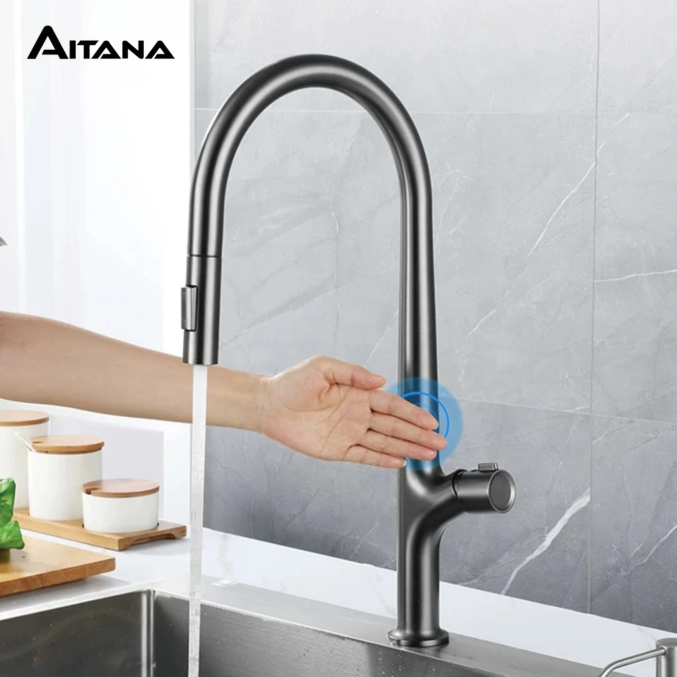 High-end arma cinza latão torneira da cozinha design de indução único punho frio e quente controle duplo 2 função simples torneira da pia