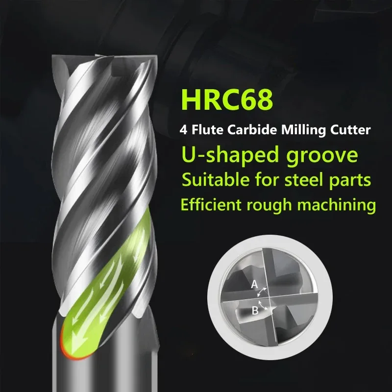 CNC Carbide End Mill HRC68 Unequal Helix Tungsten U-groove Cutter 4 Flute Metal Steel Machining Tool Router Bit Milling Cutter