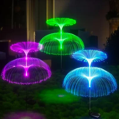 Ao ar livre led solar luzes do gramado 7 cores mudança à prova dwaterproof água jardim quintal caminho pátio decoração dupla medusa luzes de fibra