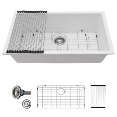 Pias de cozinha de mármore de quartzo branco de 33 * 19 polegadas Design moderno Bacia de cozinha branca undermount tigela única