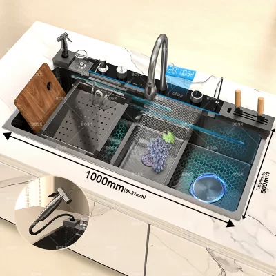 Pia de cozinha cascata de aço inoxidável, extra grande, slot único com display digital, conjunto de torneira para cozinha