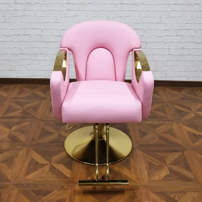 Cadeira de barbeiro para barbearia, 360 ° Elevador giratório e hidráulico, cadeiras rosa, novo design, móveis de salão de cabeleireiro personalizáveis no atacado