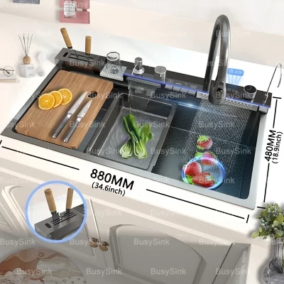Pia de cozinha cascata de aço inoxidável, copo, lavadora, faca, rack, favo de mel, em relevo, bancada de apartamento doméstico, pia única grande