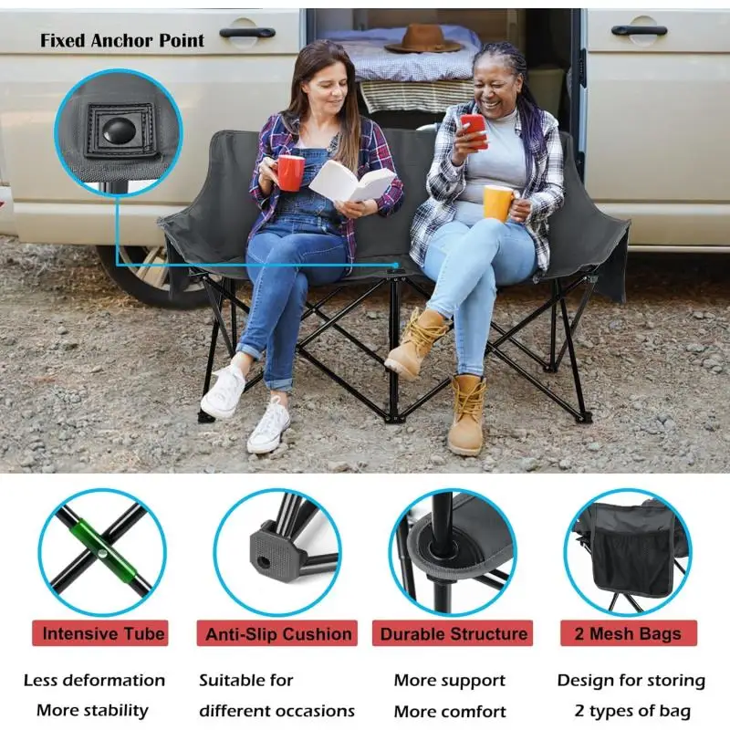 Folding Camping Chair Portable Double Seat For Adults Heavy Duty Outdoor Loveseat Durable Foldable For Camping Patio Beach - Image 5