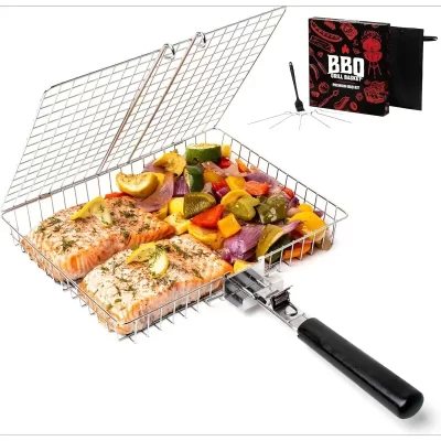 Cesta dobrável portátil de aço inoxidável para churrasco, cesta com alça para peixe, legumes, camarão, acessórios de cozinha ao ar livre