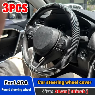 3PCS Laser Carbon Fiber Silicone Car Steering Wheel Cover 1K Micro Fiber Leather PVC Wheel Booster Cover Non-Slip Universal