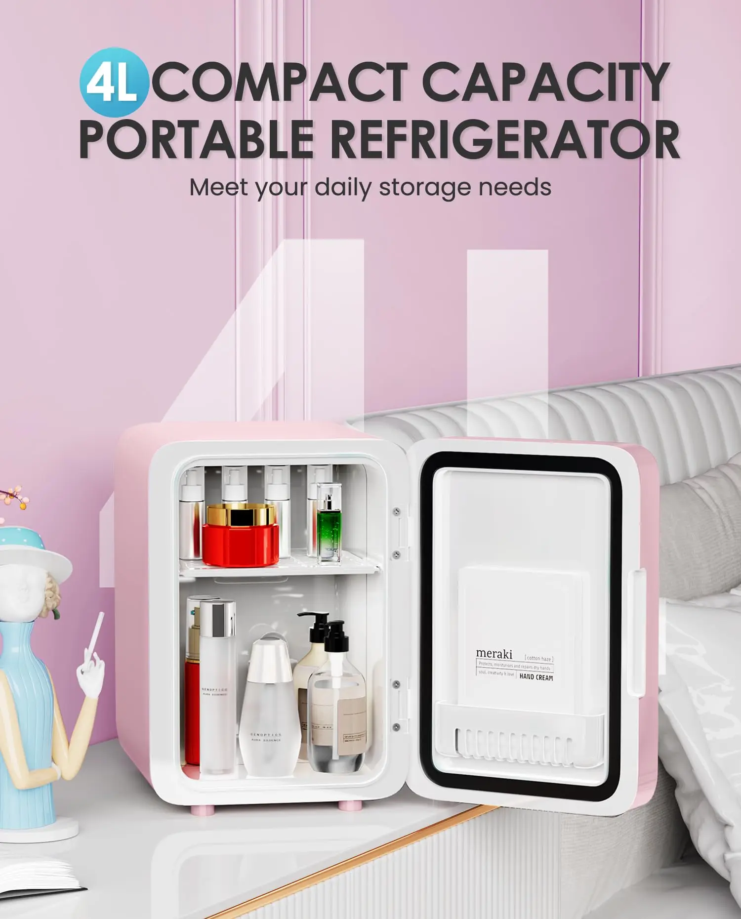 4L car mini beauty refrigerator, adjustable LED light mirror, small portable beauty refrigerator freezer for household cars. - Image 5