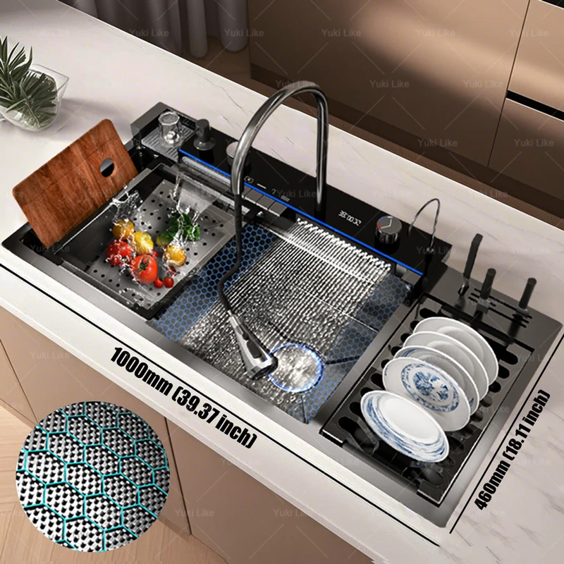 Pia de cozinha cascata de aço inoxidável, nova com rack de drenagem, display digital, grande slot único, pia de lavar louça, tigela