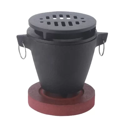 Churrasqueira portátil de ferro fundido com base de madeira, Prático Tabletop Fire, Fogão de aquecimento para aperitivos e churrasco, Hibachi Camping