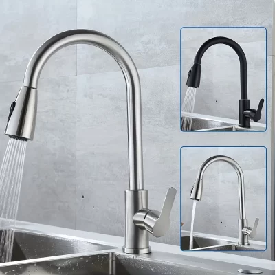 Torneira de cozinha removível de aço inoxidável, instalação de furo único, núcleo de válvula de cerâmica, entrada padrão asiático G1/2.