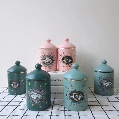 With Lid European Retro Big Eyes Starry Sky Ceramic Storage Jar Cosmetics Jewelry Candleabra Bottle Home Desk Art Decor Ornament