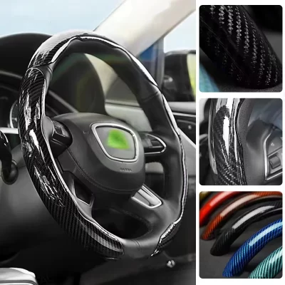 2PCS Laser Carbon Fiber Silicone Car Steering Wheel Cover 1K Micro Fiber Leather PVC Wheel Booster Cover Non-Slip Universal