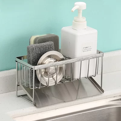 Suporte de esponja de pia 304 de aço inoxidável, organizador de rack de escorredor de escova de dispensador de sabão com bandeja de drenagem removível para cozinha