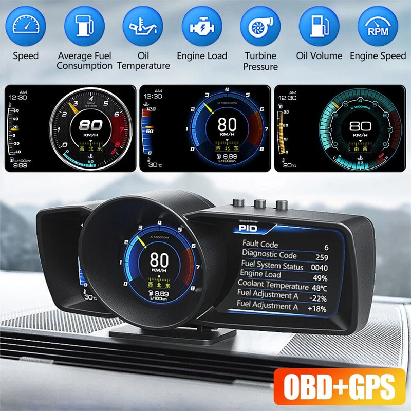 Car Head Up Display Multi-Function OBD2 GPS Car Dashboard HUD Dual Screen Display Speedometer Auto Gauge Alarm System