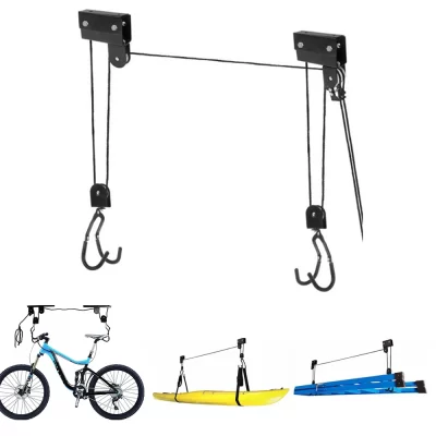 Bicicleta Grua Garagem Armazenamento Bike Lift Polia Sistema, Overhead Bike Rack, Cabide de teto, Heavy Duty, 60kg Rolamento
