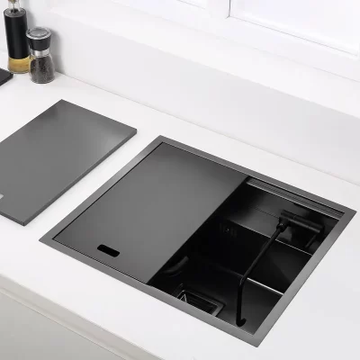Preto escondido cozinha preto pia tigela barra de aço inoxidável varanda pia escondida barra com água limpa torneira aberta cozinha