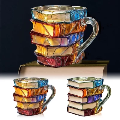 Caneca de livro pintada novidade de 11 onças, pilha de resina 3D, xícara de café, design exclusivo de livro colorido, ideal para amantes de café e bookworms