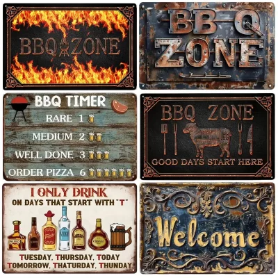 Vintage 3D Metal Aluminum Tin Sign, BBQ ZONE Beer Posters, Placa decorativa, Garagem, Clube, Homem Caverna, Bar, Casa, Cafe Wall Decor