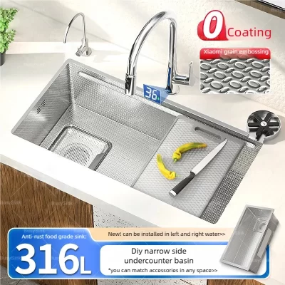 Pia de cozinha multifuncional em aço inoxidável 316l, pia para lavar louça, lado esquerdo, grande slot único, bacia undermount