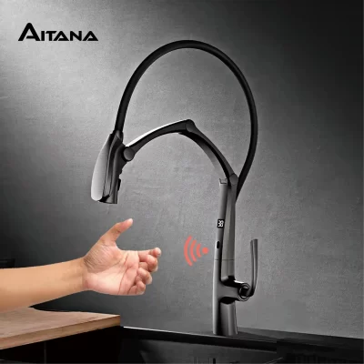 AITANA Arma Cinza Luxo Latão Display LED Torneira de Cozinha, Sensor Touchless, Pulverizador de 3 Funções Pull-Out Misturador SinK de Economia de Água