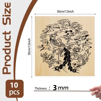Contraplacado de madeira inacabada para Artesanato, Corte e Gravação a Laser, Projetos escolares DIY, pintura, Fretwork Set K, 3mm, 300x300mm, 10 Pcs