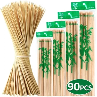 Descartável vara de bambu, madeira natural, longo, produto comestível, para churrasco, frutas, churrasco, 15/20/25/30cm, 90pcs