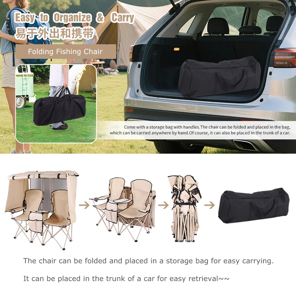 Outdoor Double Folding Fishing Chair with Canopy Waterproof Multifunctional Fishing Sunshade Natural Hiking Equipment - Image 4
