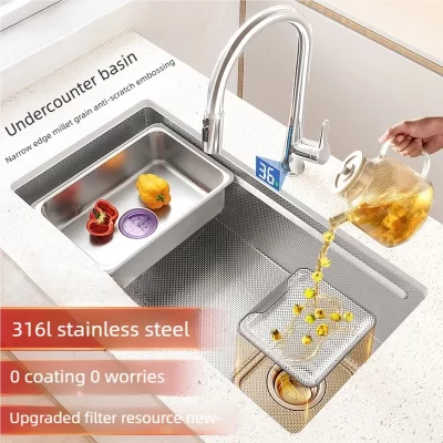 Pia de cozinha em aço inoxidável 316L, superfície nano escovada, grande slot único, lava-louças e vegetais, lavatório sob montagem