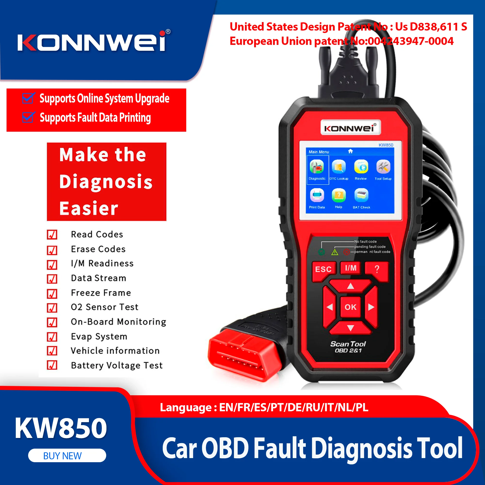 2025 KONNWEI KW850 Carro OBD2 Scanner Profissional Ferramentas de Diagnóstico Automático Sistema de Motor O2 Leitor de Código de Verificação DTC Lookup pk elm327