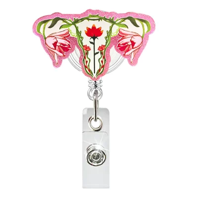 Novo design 1 peça glitter acrílico flor uterina retrátil enfermeira crachá carretel órgão humano médico enfermeira id titular do cartão cordão