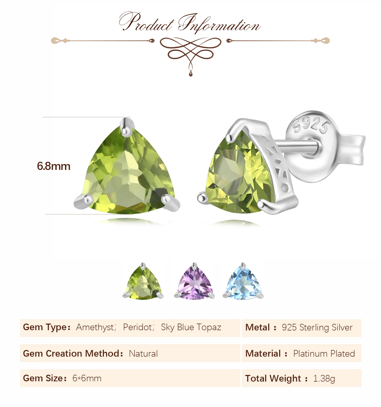 Potiy triângulo natural 1.68ct peridoto ametista céu azul topázio brincos 925 prata esterlina feminino jóias diárias pedra de nascimento - Image 2