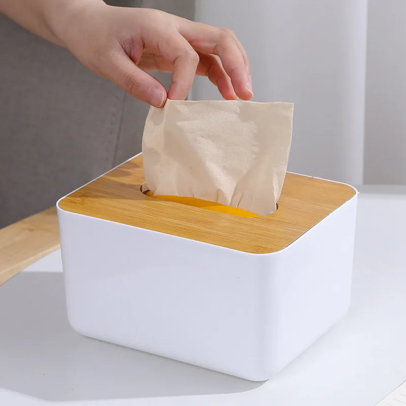 Plastic Tissue Box Wooden Lid Square Napkin Holder Container Wet Tissue Paper Dispenser Case Modern Home Car Organizer - Image 5