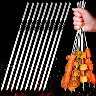 10 pçs espetos kabob de metal plano aço inoxidável churrasco espeto 12 "anti-rolo resistente shish kebob varas largas reutilizáveis gri