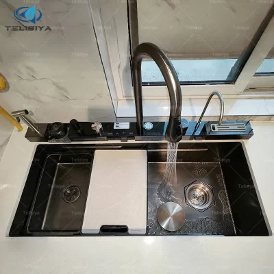 Pia de cozinha de aço inoxidável display digital cachoeira lavatório multifuncional com rack para faca grande slot único