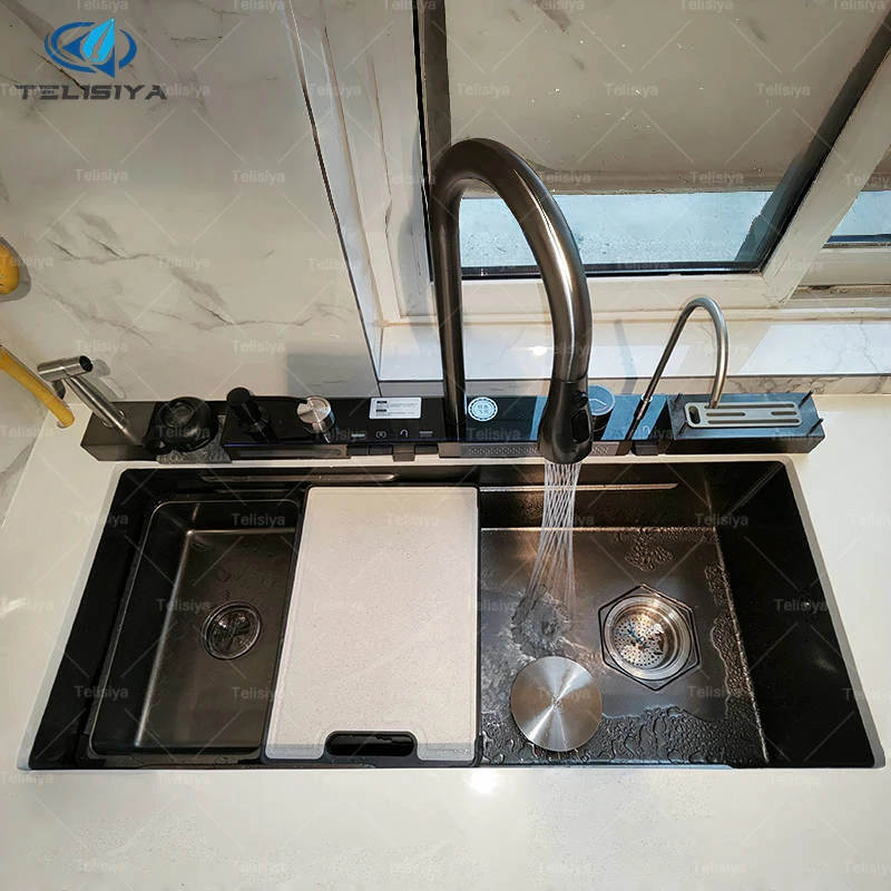 Pia de cozinha de aço inoxidável display digital cachoeira lavatório multifuncional com rack para faca grande slot único