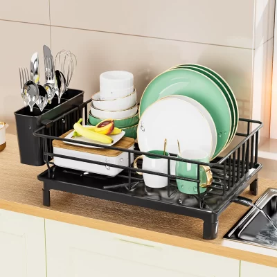 Rack de drenagem de pratos, rack de talheres com bandeja de drenagem e linha de gotejamento, suporte de copo, suporte de talheres, rack de armazenamento de bancada de cozinha