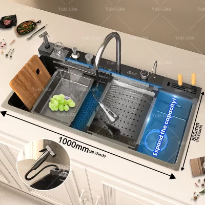 Pia de cozinha de aço inoxidável com cascata extra grande com slot único display digital lavatório inclui pias 100x50cm