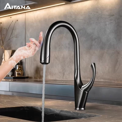 High end toque preto torneira da cozinha de bronze puxar para fora design três função única alça fria e quente controle duplo torneira da pia