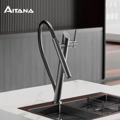 AITANA-Torneira de cozinha com design removível, latão de luxo, controle duplo, sucção magnética, fria e quente, torneira pia de 2 funções, preto