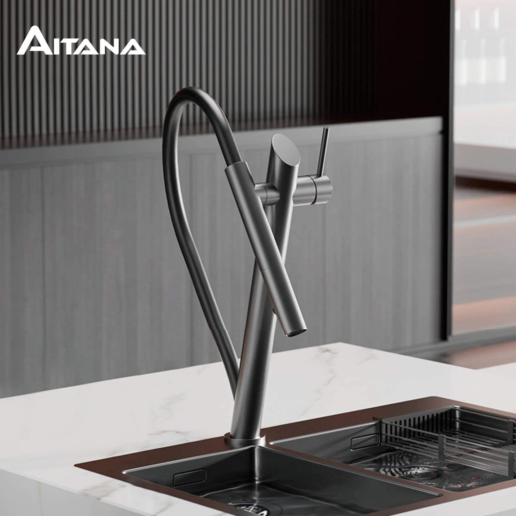 AITANA-Torneira de cozinha com design removível, latão de luxo, controle duplo, sucção magnética, fria e quente, torneira pia de 2 funções, preto
