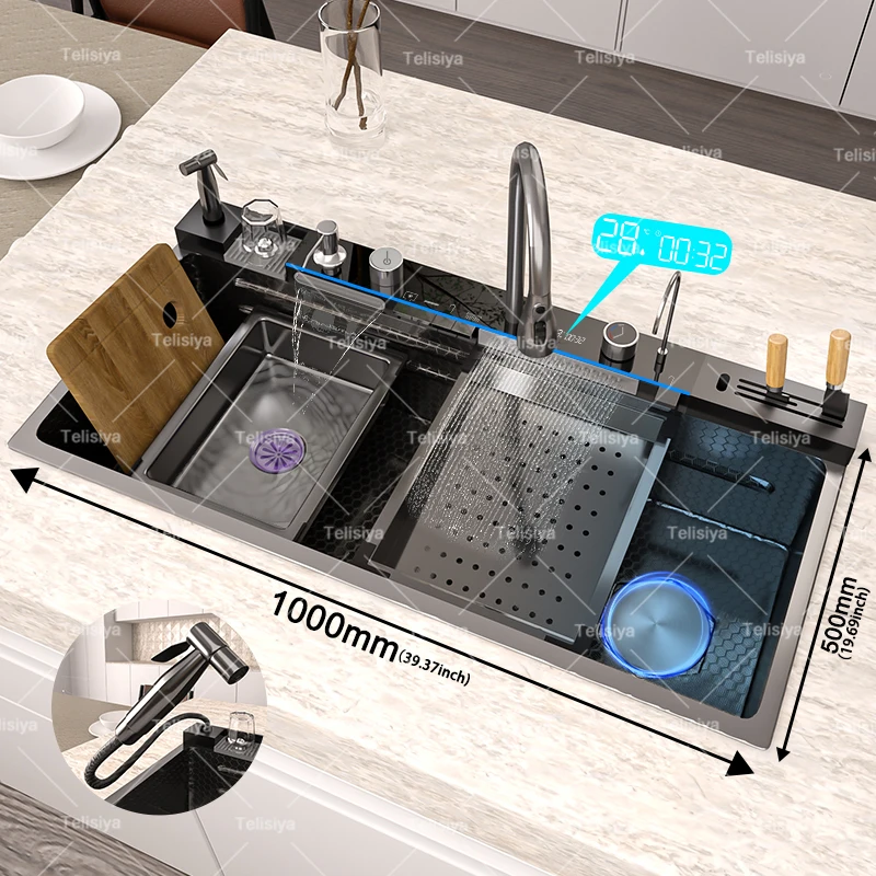 Pia de cozinha de aço inoxidável display digital cachoeira lavatório multifuncional com rack para faca grande slot único - Image 3
