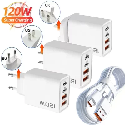 120w 4 portas usb c carregador pd3.0 estação de carregamento rápido cabo dados adaptador parede para iphone samsung xiaomi redmi huawei ue eua plug