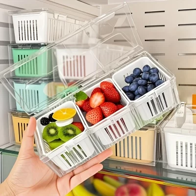 3 Grids Refrigerator Storage Boxes Garlic Onion Pepper Organizer Fruit Vegetable Drain Crisper Box Kitchen Sealed Containers ﻿