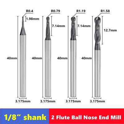 1/8 Inch（3.175mm）Shank 2 Flute Ball Nose End Mill ， CNC Radius R0.4 R0.79 R1.19 R1.58 HRC55 Carbide Milling Cutter