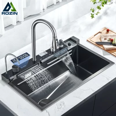 Pia de cozinha de aço inoxidável com torneira display digital grande tigela única cachoeira chuva 5 funções sistema prato pia